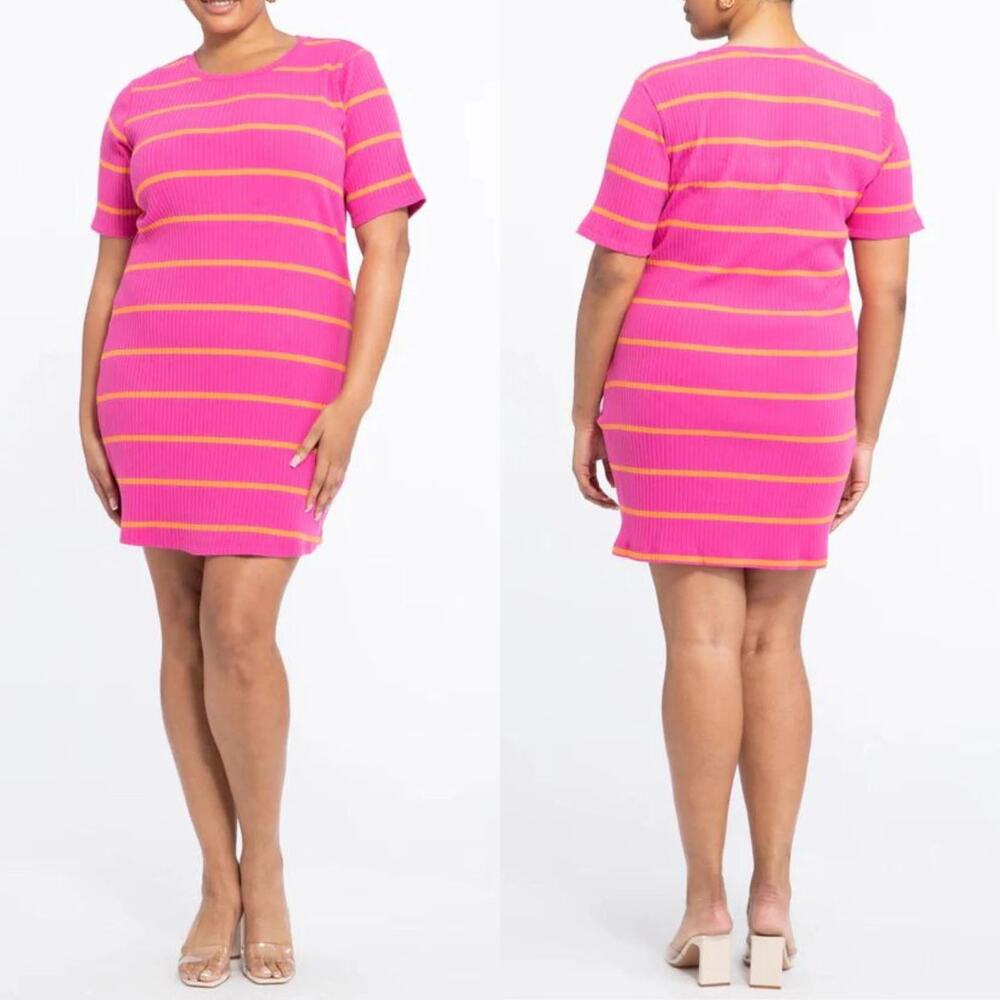 Sanctuary NWT Must Have Bright Pink & Orange Stripe Ribbed Bodycon Mini Dress